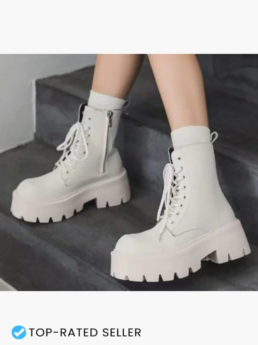 Black Leather Lace-Up Platform Combat Boots Chunky Heel Lug Sole Side Zipper